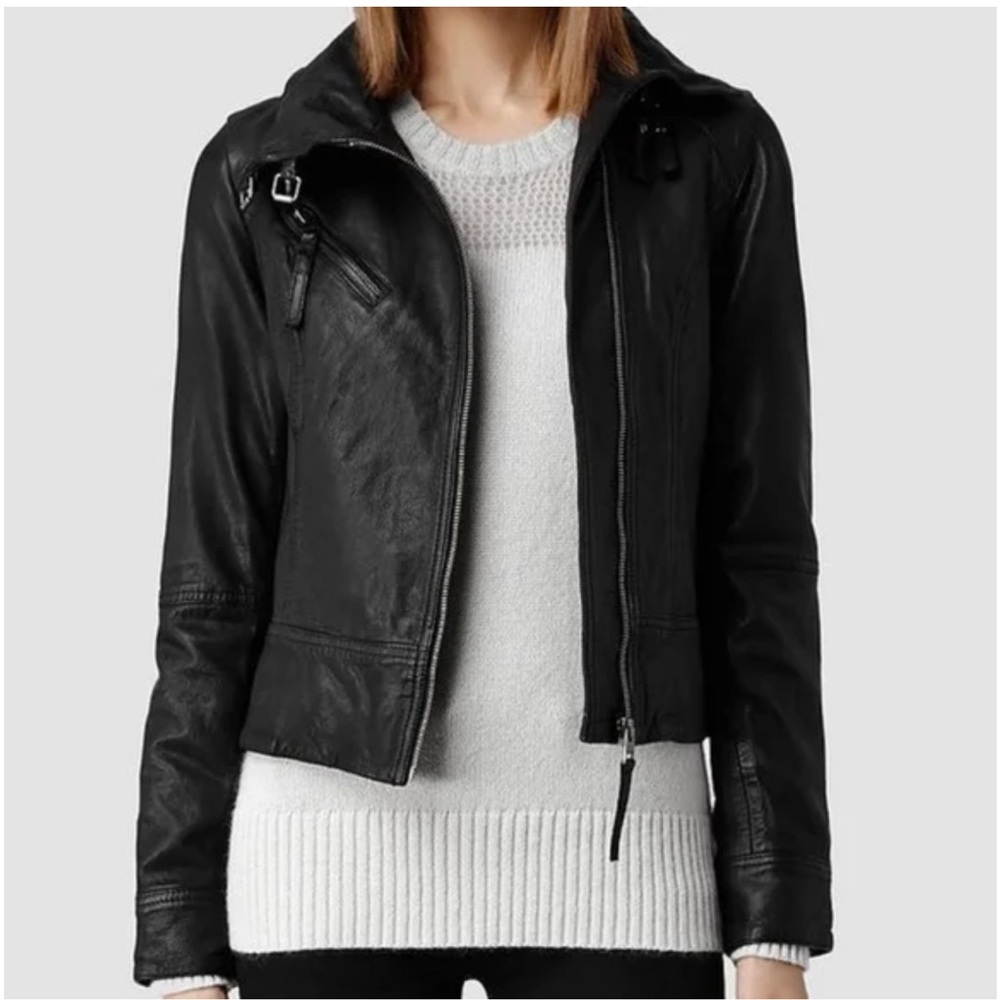 Like New All Saints Belvedere Biker Women's Black Sheep Leather Jacket, 0